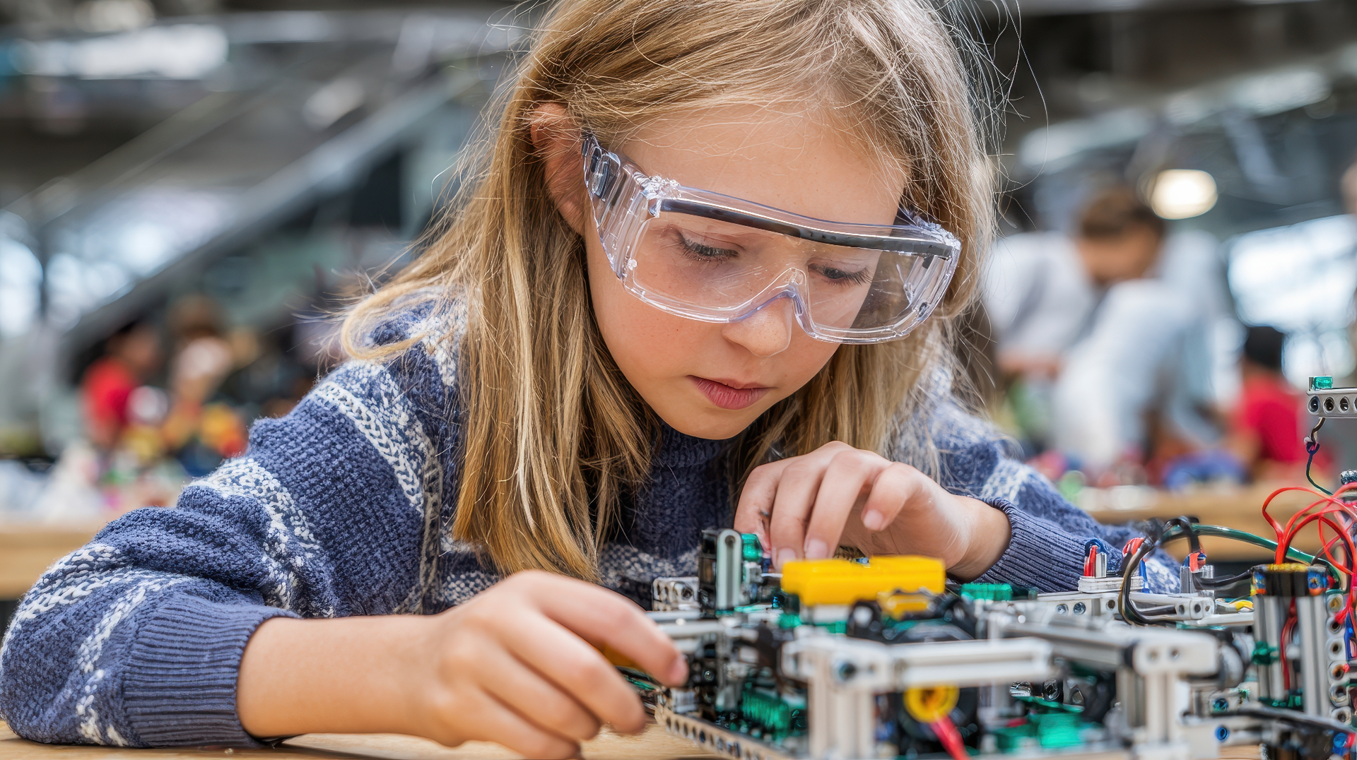 A young Explorer in safety goggles, deeply focused on building a robot — completely absorbed in the work.